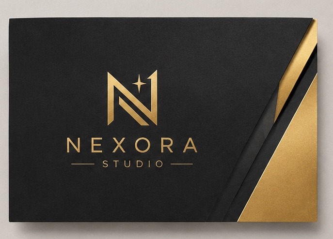 Black and gold foil Nexora Studio business card