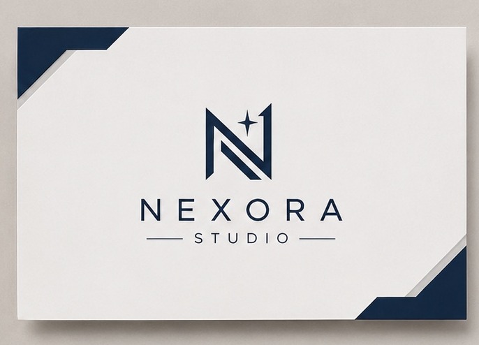 White and navy Nexora Studio business card