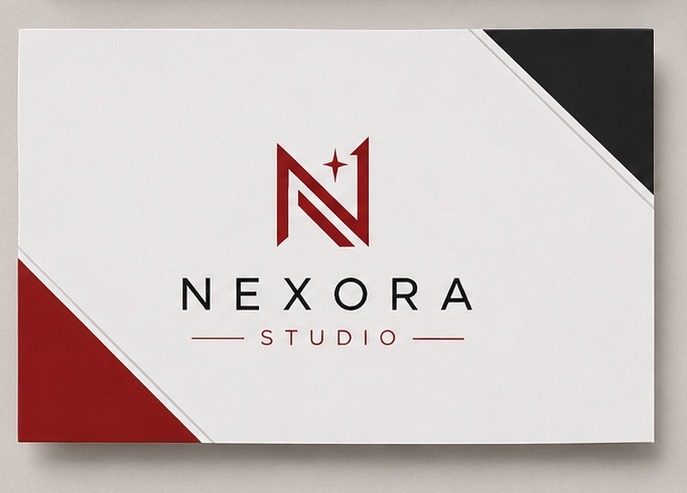 White and red Nexora Studio business card