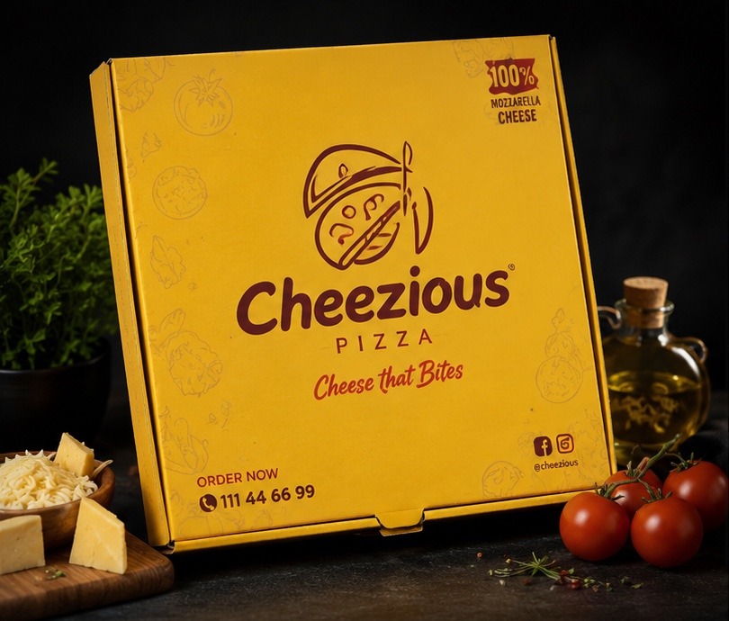 Cheezious Pizza yellow pizza box with maroon logo