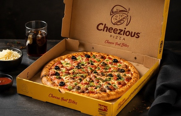 Open Cheezious box with a fully topped pizza inside