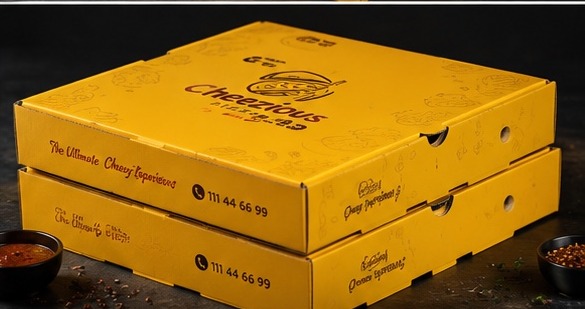 Two stacked Cheezious pizza boxes
