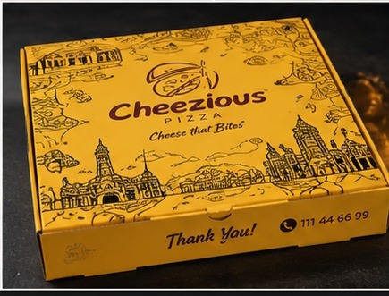 Cheezious illustrated thank-you pizza box lid