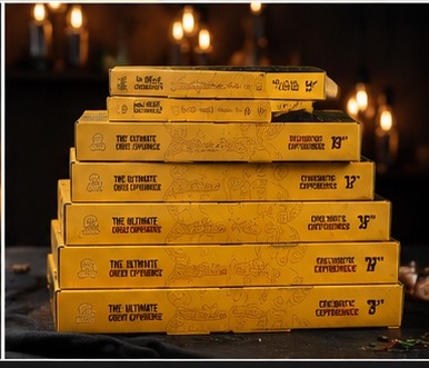 Stacked tower of Cheezious boxes in every size