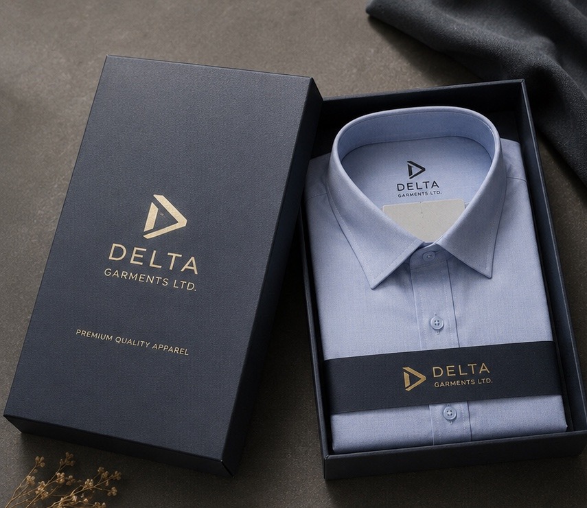 Delta Garments navy rigid shirt box with folded blue shirt