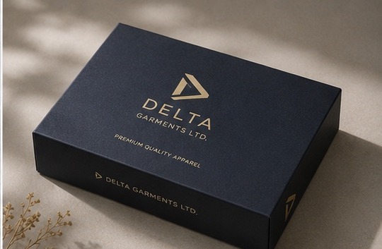 Closed Delta Garments navy box with gold foil logo