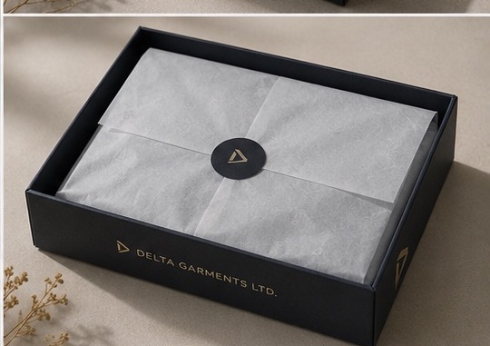 Delta Garments box with tissue wrap and seal sticker