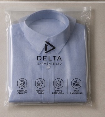 Delta Garments shirt in printed polybag with quality icons