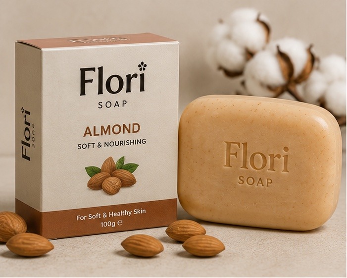 Flori Soap Almond carton with soap bar and almonds