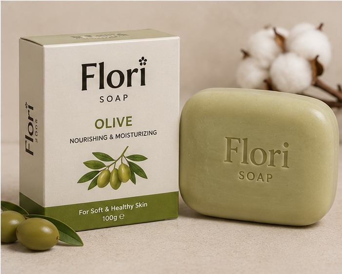 Flori Soap Olive carton with green soap bar