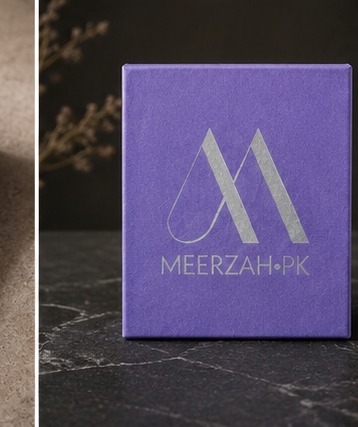 Meerzah.pk violet box front face with silver foil monogram