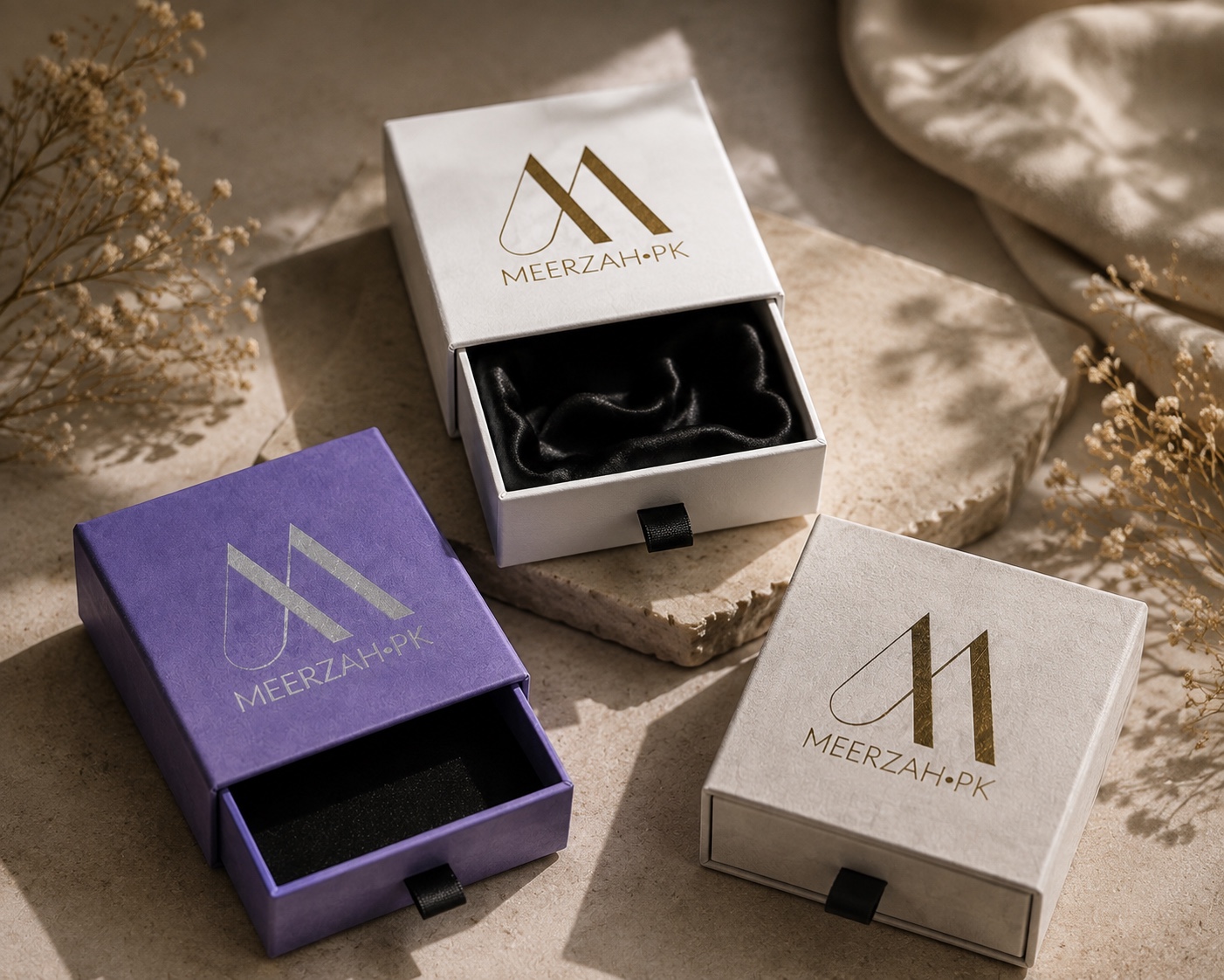Meerzah.pk luxury jewellery drawer boxes in white, cream and violet