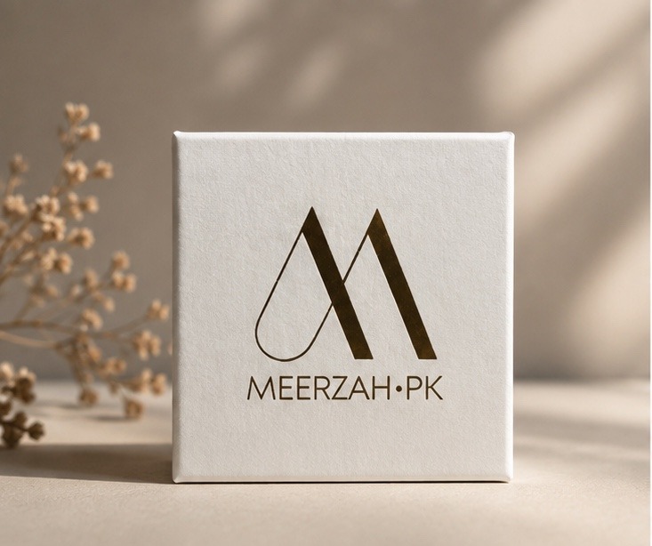Meerzah.pk white jewellery box with gold foil monogram