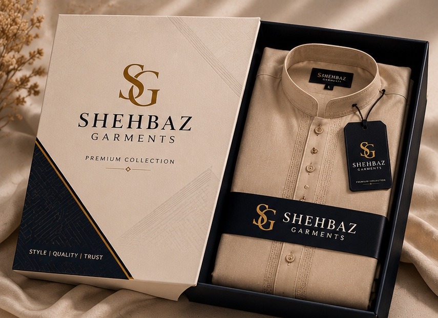 Shehbaz Garments cream gift box with folded kameez inside
