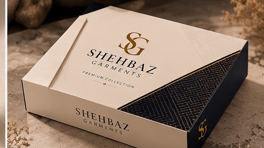 Shehbaz Garments closed cream box with navy corner detail