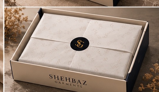 Shehbaz Garments box with patterned tissue and seal