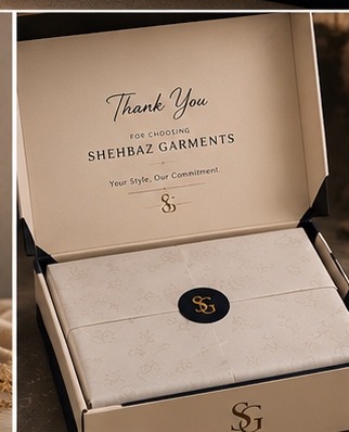 Shehbaz Garments thank-you card inside opened box