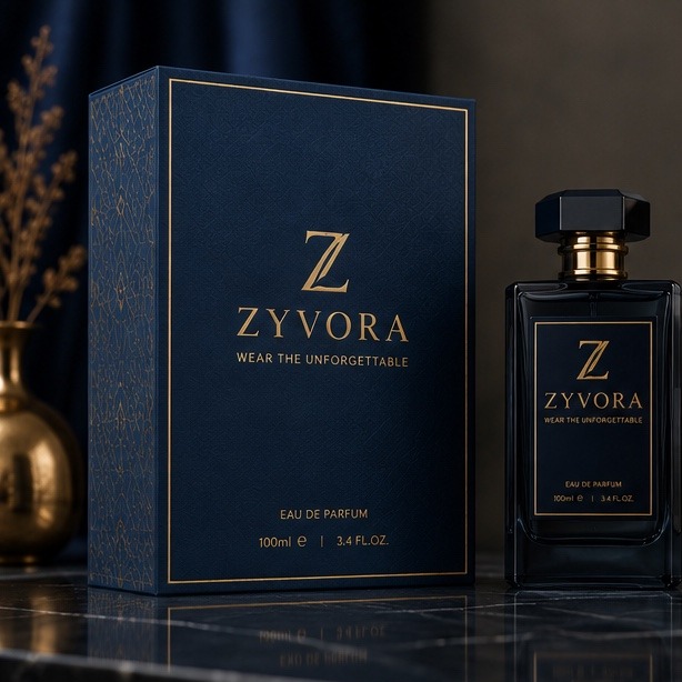 ZYVORA navy perfume box with gold foil Z and bottle