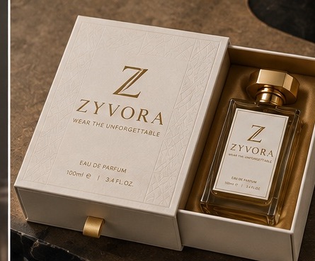 ZYVORA ivory drawer box open with gold bottle