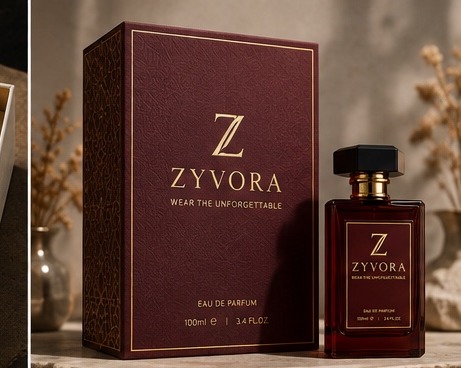 ZYVORA oxblood perfume box and bottle